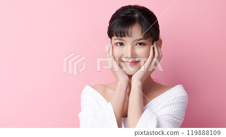 Beautiful young asian woman with clean fresh skin on pink background, Face care, Facial treatment, Cosmetology, beauty and spa, Asian women portrait. Beautiful young asian woman with clean fresh skin on pink background, Face care, Facial treatment, Cosmetology, beauty and spa, Asian women portrait. 119888109