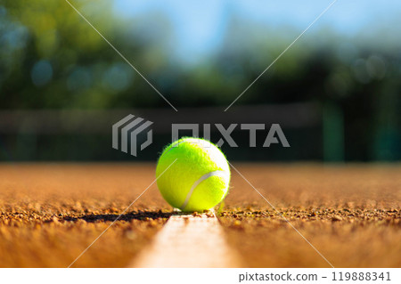 Yellow tennis ball on white strip marked court outdoor summer ground closeup 119888341