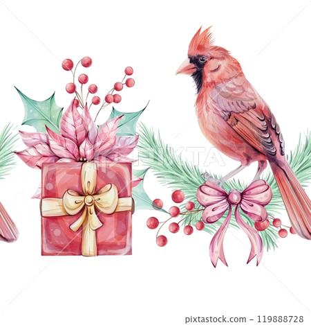 Watercolor seamless border - Christmas bird red cardinal, berries, red gift box, poinsettia flowers bouquet with holly green leaves. Arrangement with brunch. Symbol of Christmas. Winter holiday Watercolor seamless border - Christmas bird red cardinal, berries, red gift box, poinsettia flowers bouquet with holly green leaves. Arrangement with brunch. Symbol of Christmas. Winter holiday 119888728