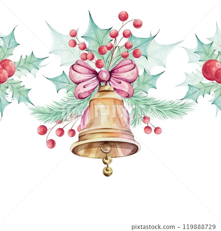 Christmas watercolor seamless border - compositions with holly green leaves, red berries. Jingle golden bell with bow. Winter composition, decor. December nature. Illustration hand drawn for design Christmas watercolor seamless border - compositions with holly green leaves, red berries. Jingle golden bell with bow. Winter composition, decor. December nature. Illustration hand drawn for design 119888729