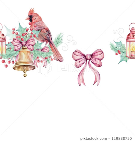 Watercolor seamless border - Christmas bird red cardinal arrangement with tree brunch, red berries and Jingle golden bell with bow. Border, ornament. Symbol of Christmas. Winter holiday decoration in Watercolor seamless border - Christmas bird red cardinal arrangement with tree brunch, red berries and Jingle golden bell with bow. Border, ornament. Symbol of Christmas. Winter holiday decoration in 119888730