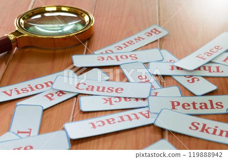 pile of word cards on table pile of word cards on table 119888942