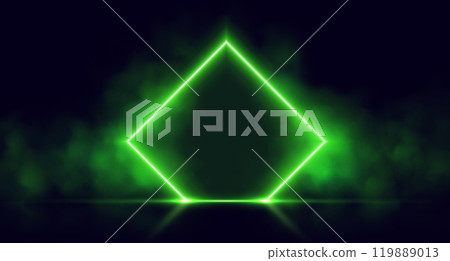 Neon door with smoke, green glowing portal, futuristic rhombus gate, magic border with vapor. 119889013