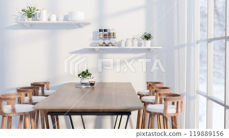 A minimalist white dining room features a wooden dining table with stools by the window. A minimalist white dining room features a wooden dining table with stools by the window. 119889156