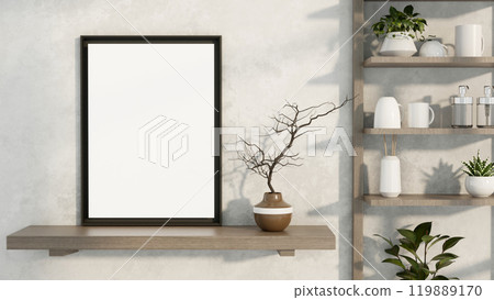 A minimalist black picture frame mockup is displayed on a wall shelf in simple white room. 119889170
