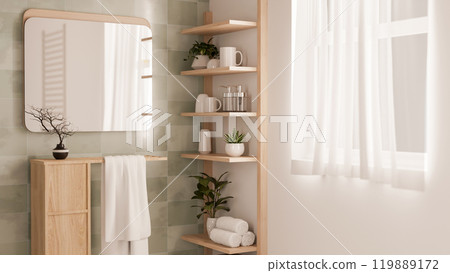 A minimalist Scandinavian bathroom showcases a mirror mounted on a tiled wall and decor. A minimalist Scandinavian bathroom showcases a mirror mounted on a tiled wall and decor. 119889172