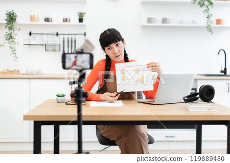 Caucasian woman influencer creating content in kitchen setting 119889480