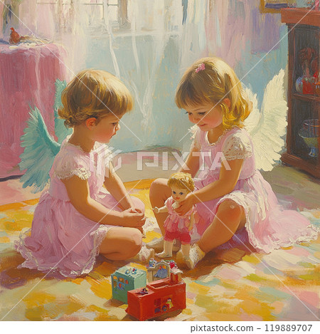 Child angel playing with dolls 119889707