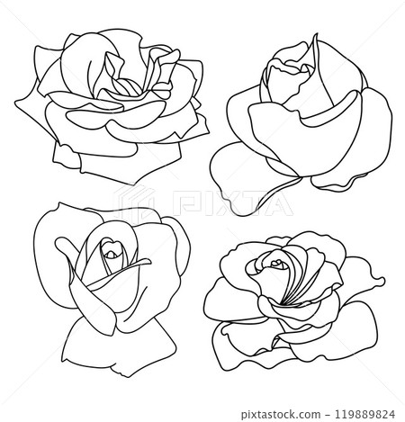 Set of outline black and white roses. Isolated elements on a white background. Floral elements, print and digital design, greeting cards, invitations, wedding decor, wall art, and branding materials. 119889824