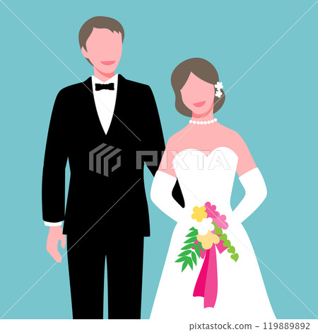 Smiling portrait of a bride in a wedding dress and a groom in a tuxedo Smiling portrait of a bride in a wedding dress and a groom in a tuxedo 119889892