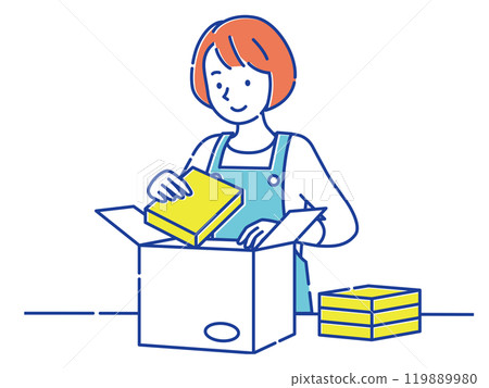 A young woman wearing an apron packing items into cardboard boxes A young woman wearing an apron packing items into cardboard boxes 119889980