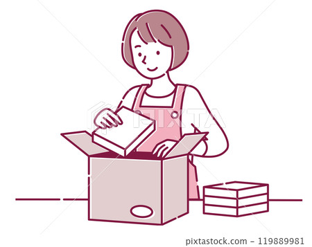 A young woman wearing an apron packing items into cardboard boxes A young woman wearing an apron packing items into cardboard boxes 119889981