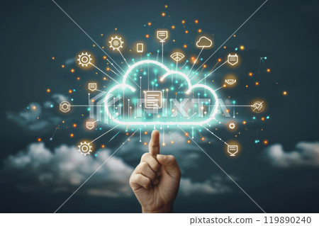 business technology cloud storage concept with backup social media data information icons. 119890240