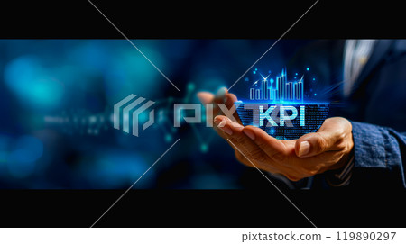 Businessman Holding KPI Icons, Performance Metrics and Data Analysis, Strategic Planning and Goal. 119890297