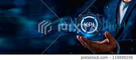 Businessman Holding KPI Icons, Performance Metrics and Data Analysis, Strategic Planning and Goal. 119890298