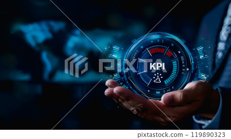 Businessman Holding KPI Icons, Performance Metrics and Data Analysis, Strategic Planning and Goal. Businessman Holding KPI Icons, Performance Metrics and Data Analysis, Strategic Planning and Goal. 119890323