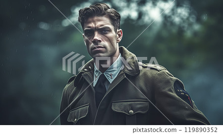 A man in a military uniform stands in a forest 119890352