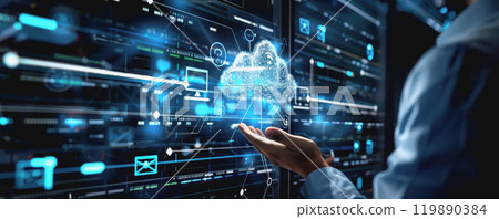 business technology cloud storage concept with backup social media data information icons. 119890384