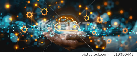 business technology cloud storage concept with backup social media data information icons. 119890445
