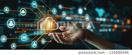 business technology cloud storage concept with backup social media data information icons. 119890446
