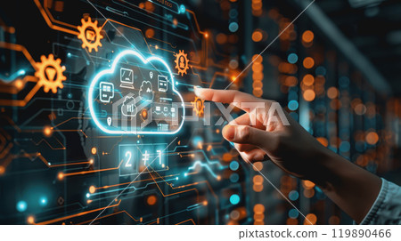 business technology cloud storage concept with backup social media data information icons. 119890466