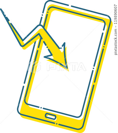 Illustration of a yellow smartphone with a blue dashed line and an image sending and receiving data 119890607