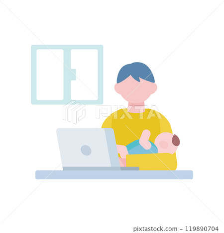 Illustration of a man working on a computer at home while holding a baby Illustration of a man working on a computer at home while holding a baby 119890704