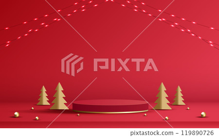 Podium shape for show cosmetic product display for christmas day or new years. Stand product showcase on red background with lighting christmas. vector design. 119890726