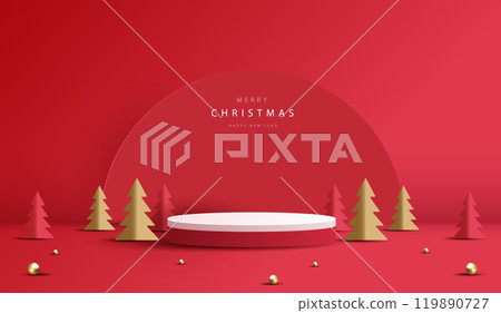 Podium shape for show cosmetic product display for christmas day or new years. Stand product showcase on red background with lighting christmas. vector design. Podium shape for show cosmetic product display for christmas day or new years. Stand product showcase on red background with lighting christmas. vector design. 119890727