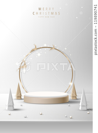 Podium shape for show cosmetic product display for christmas day or new years. Stand product showcase on red background with lighting christmas. vector design. 119890741
