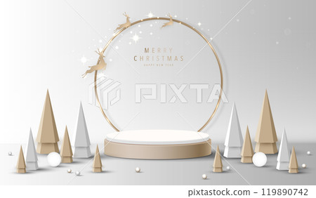 Podium shape for show cosmetic product display for christmas day or new years. Stand product showcase on red background with lighting christmas. vector design. Podium shape for show cosmetic product display for christmas day or new years. Stand product showcase on red background with lighting christmas. vector design. 119890742