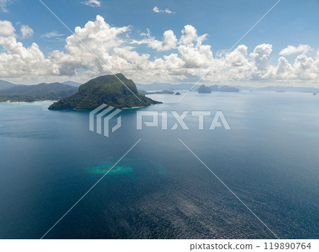 Islands with blue sea under blue sky and clouds. El Nido, Palawan. Philippines. 119890764