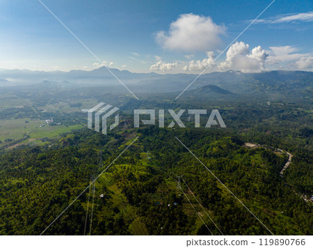 Aerial drone of Mountains with rainforest and jungle. Blue sky and clouds. Mindanao. Philippines. 119890766