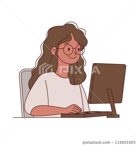 Girl Employee Cartoon Character Typing on Keyboard Working with Computer 119891005