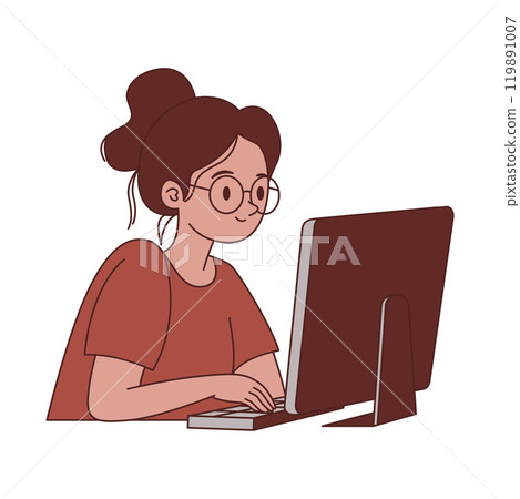 Girl Employee Cartoon Character Typing on Keyboard Working with Computer 119891007