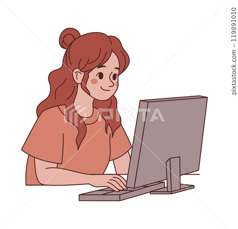 Girl Employee Cartoon Character Typing on Keyboard Working with Computer Girl Employee Cartoon Character Typing on Keyboard Working with Computer 119891010