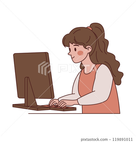 Girl Employee Cartoon Character Typing on Keyboard Working with Computer Girl Employee Cartoon Character Typing on Keyboard Working with Computer 119891011