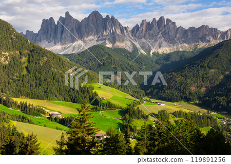 Famous best alpine place of world, Santa Maddalena village with magical Dolomites mountains, Val di Funes valley, Trentino Alto 119891256