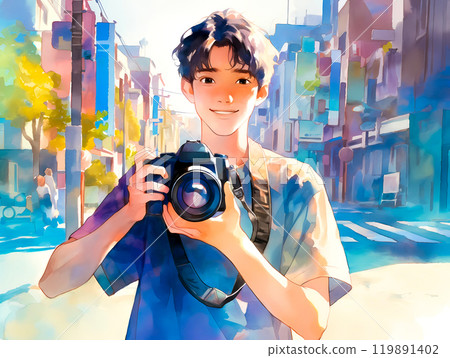 A young man holding a camera in the city A young man holding a camera in the city 119891402