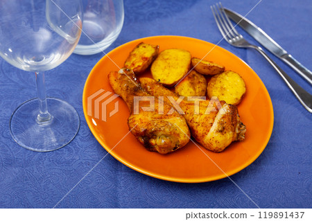 Spicy bbq chicken legs with with boiled potato close-up on plate Spicy bbq chicken legs with with boiled potato close-up on plate 119891437