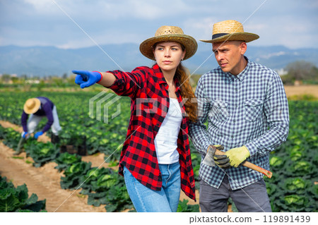 Couple of farmers talking on cabbage field of farm Couple of farmers talking on cabbage field of farm 119891439
