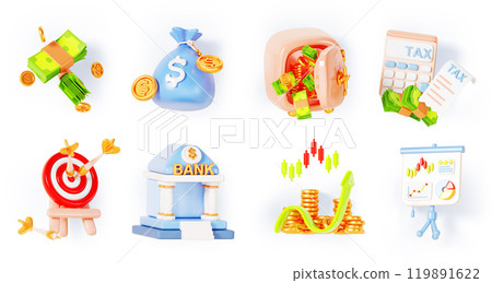 Business and finance 3d render icon set. Isolated bank building exterior, target, money bag, tax calculator, payment bill, white board with growth graph, safe box with coin and cash. 3D illustration 119891622