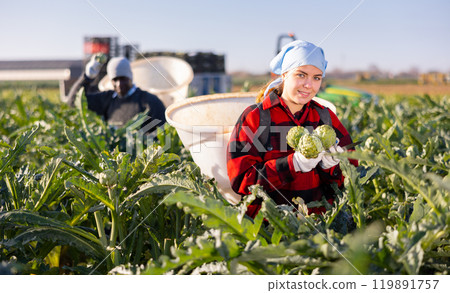 Portrait of a young woman farmer with artichokes Portrait of a young woman farmer with artichokes 119891757