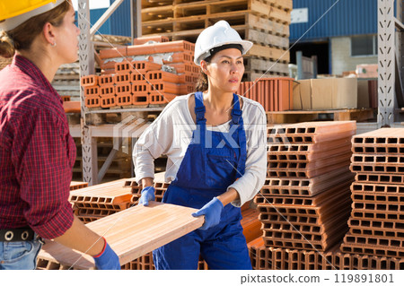 Female workers carrying brick at construction store 119891801