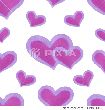 Seamless pattern with hearts for Valentine's Day, Singles Day, Boyfriends, Girls. Watercolor illustration, marker. Hand drawn art. Abstract love background for printing on textile, wrapping paper. 119891842