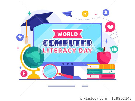 World Computer Literacy Day Vector Illustration on December 2, Featuring Books and Media Equipment to Promote Education in a Flat Style Background 119892143