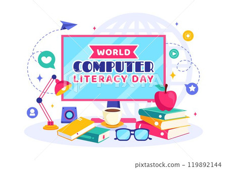World Computer Literacy Day Vector Illustration on December 2, Featuring Books and Media Equipment to Promote Education in a Flat Style Background World Computer Literacy Day Vector Illustration on December 2, Featuring Books and Media Equipment to Promote Education in a Flat Style Background 119892144
