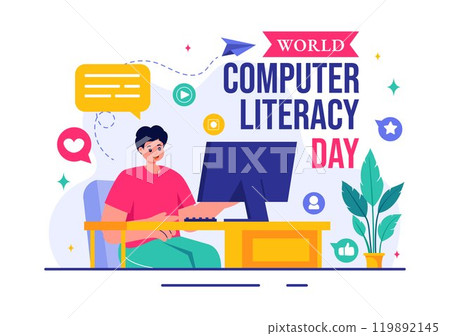 World Computer Literacy Day Vector Illustration on December 2, Featuring Books and Media Equipment to Promote Education in a Flat Style Background World Computer Literacy Day Vector Illustration on December 2, Featuring Books and Media Equipment to Promote Education in a Flat Style Background 119892145