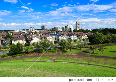 [千葉縣印西市] 藍天廣闊的住宅區風景 119892706