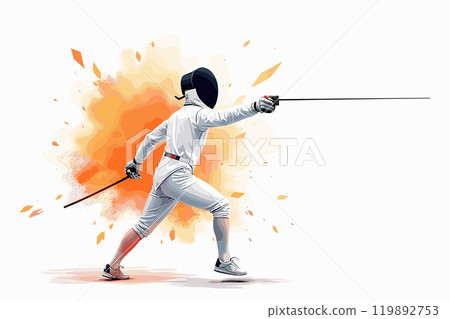 Dynamic Fencing Sport Athlete in Action Against Vibrant Color Splash Background 119892753